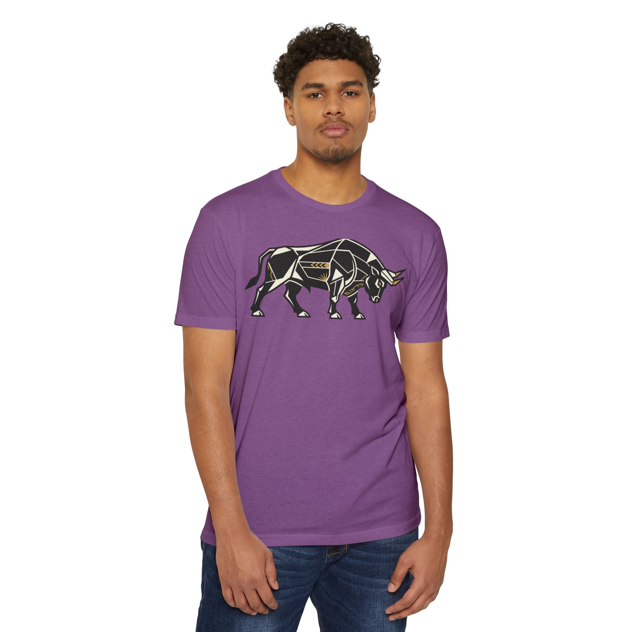 Front purple crewneck T-shirt with geometric charging bull graphic on chest