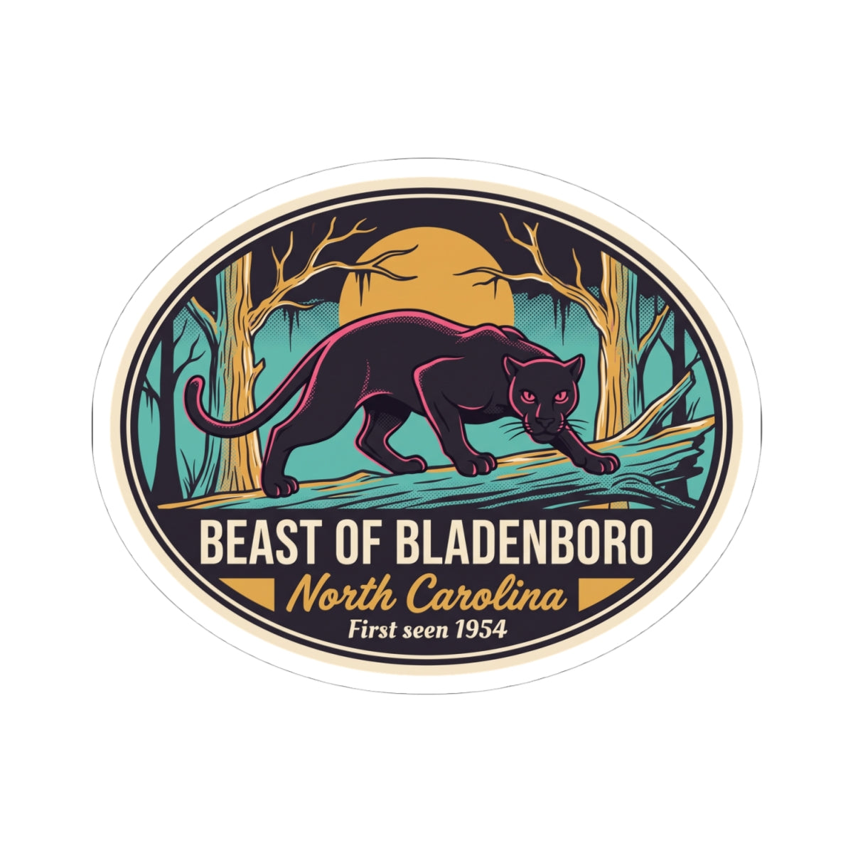 Beast of Bladenboro panther decal sticker, oval border with North Carolina wording