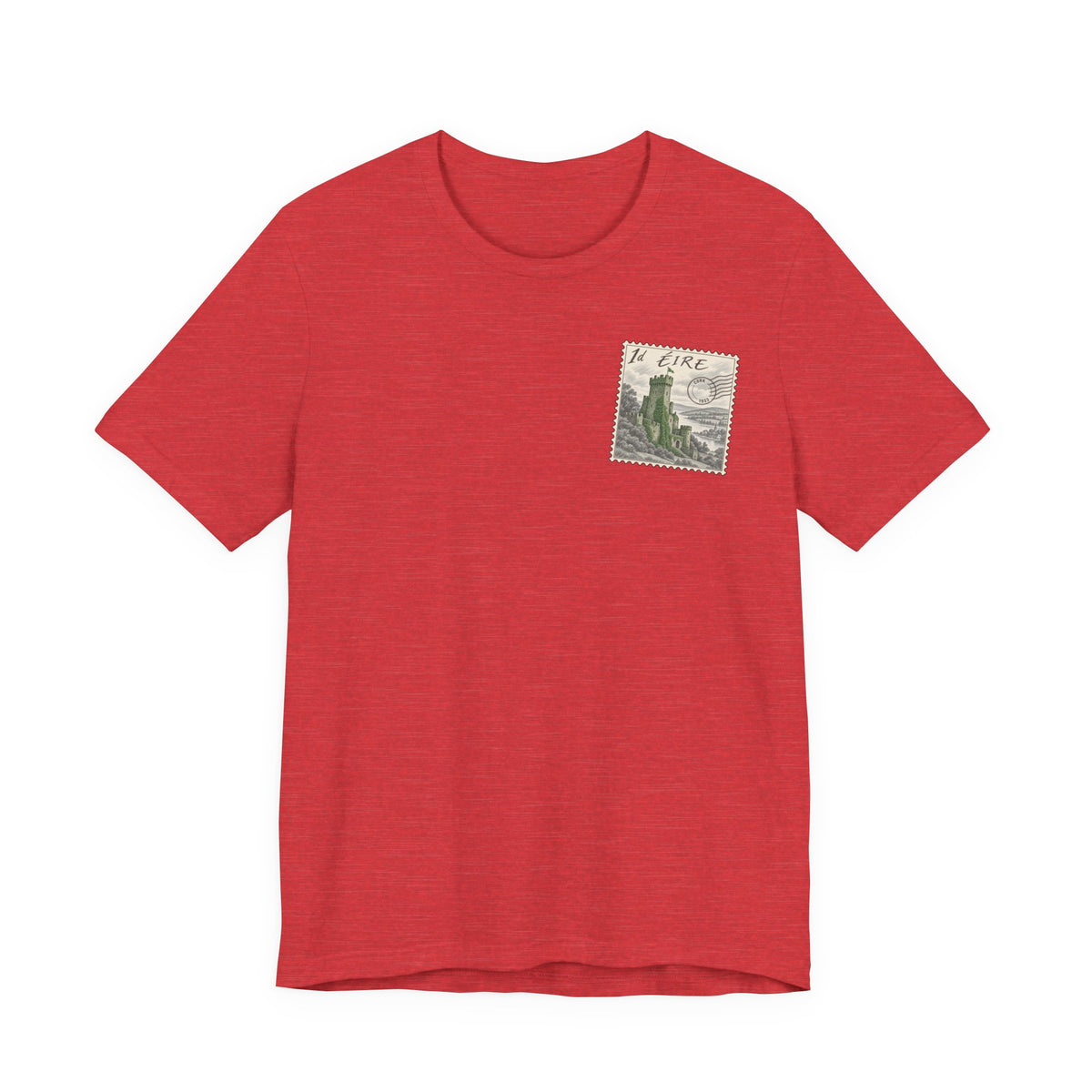 Red crewneck t-shirt with small vintage postage stamp graphic on chest