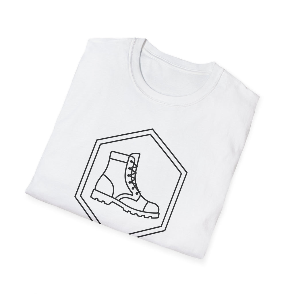 White T-shirt with boot graphic inside a hexagon badge