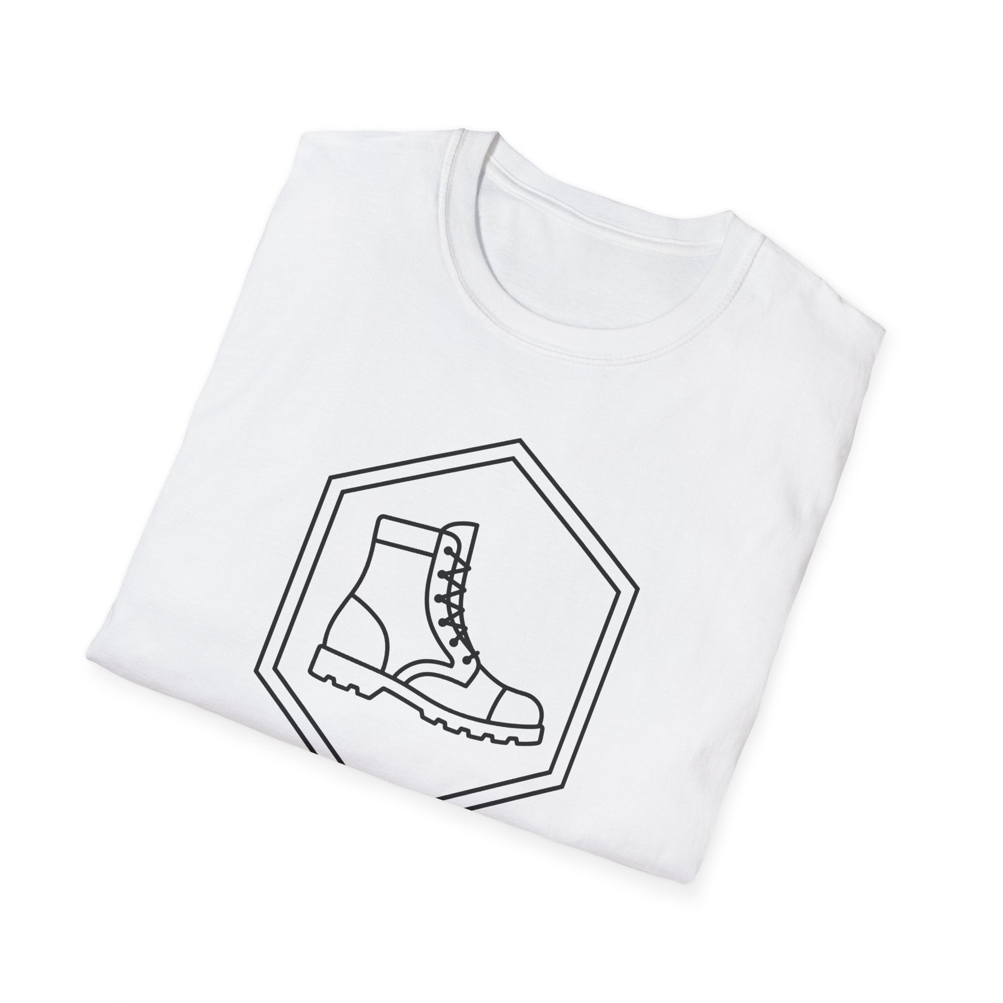 White T-shirt with boot graphic inside a hexagon badge