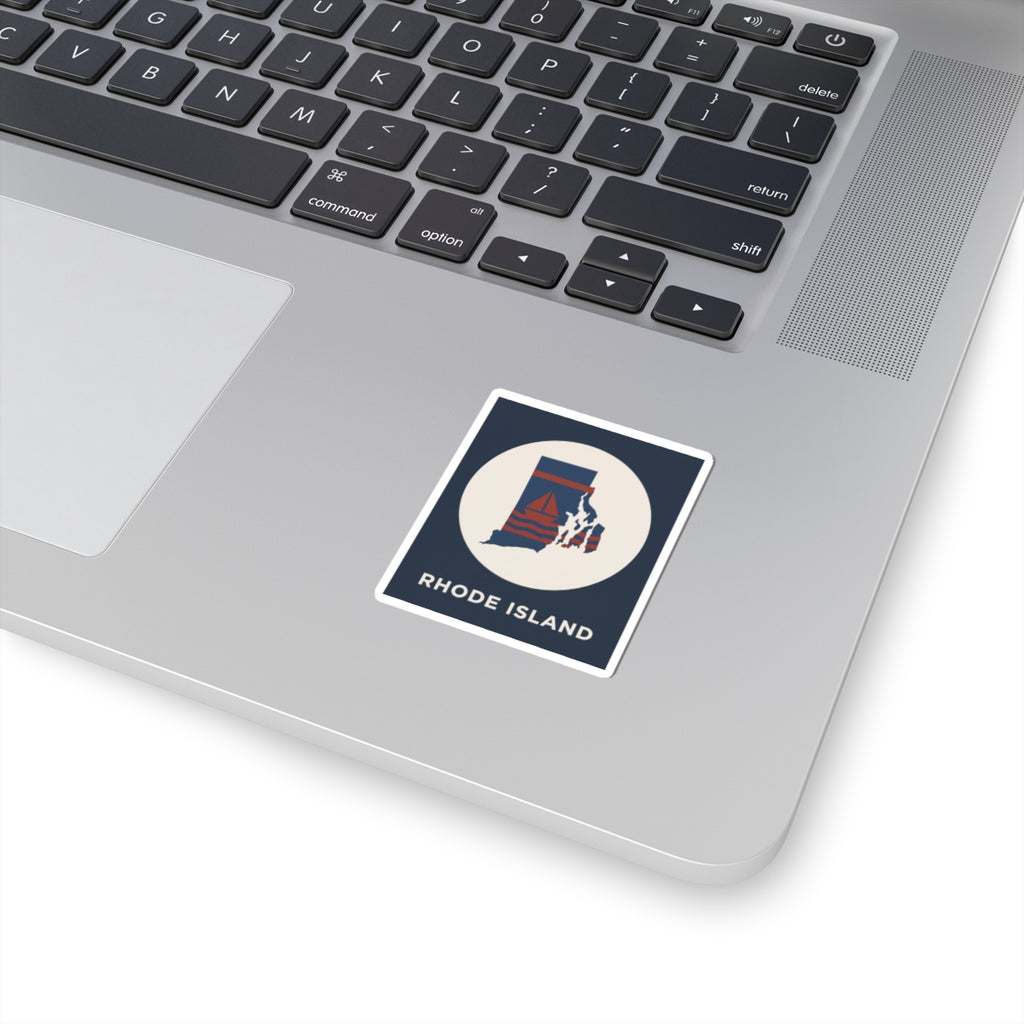 Rhode Island nautical map sticker with state outline and sailboat design on laptop