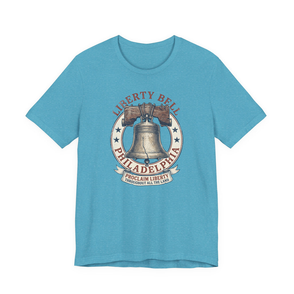 Aqua T-shirt with Liberty Bell graphic emblem at center chest