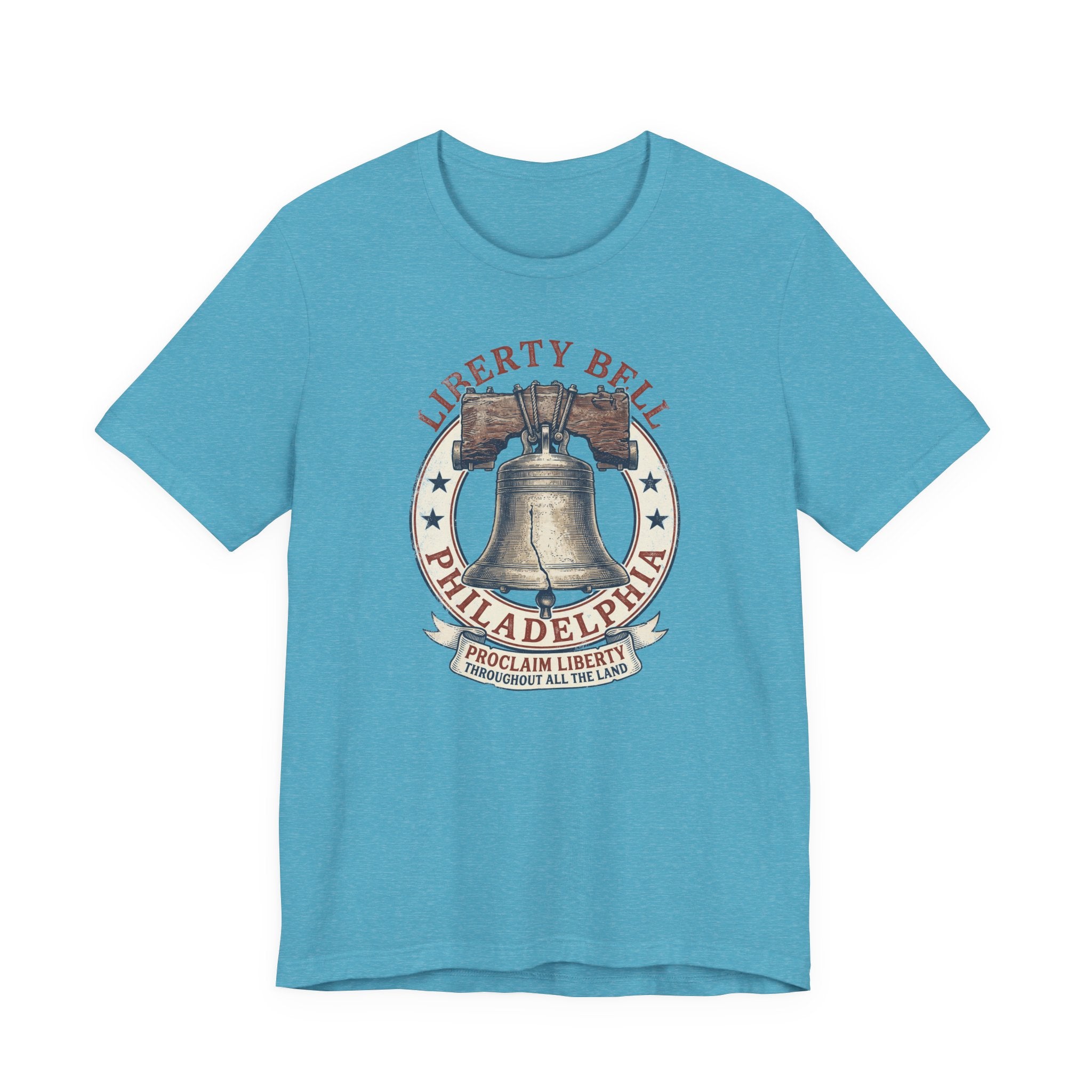Aqua T-shirt with Liberty Bell graphic emblem at center chest