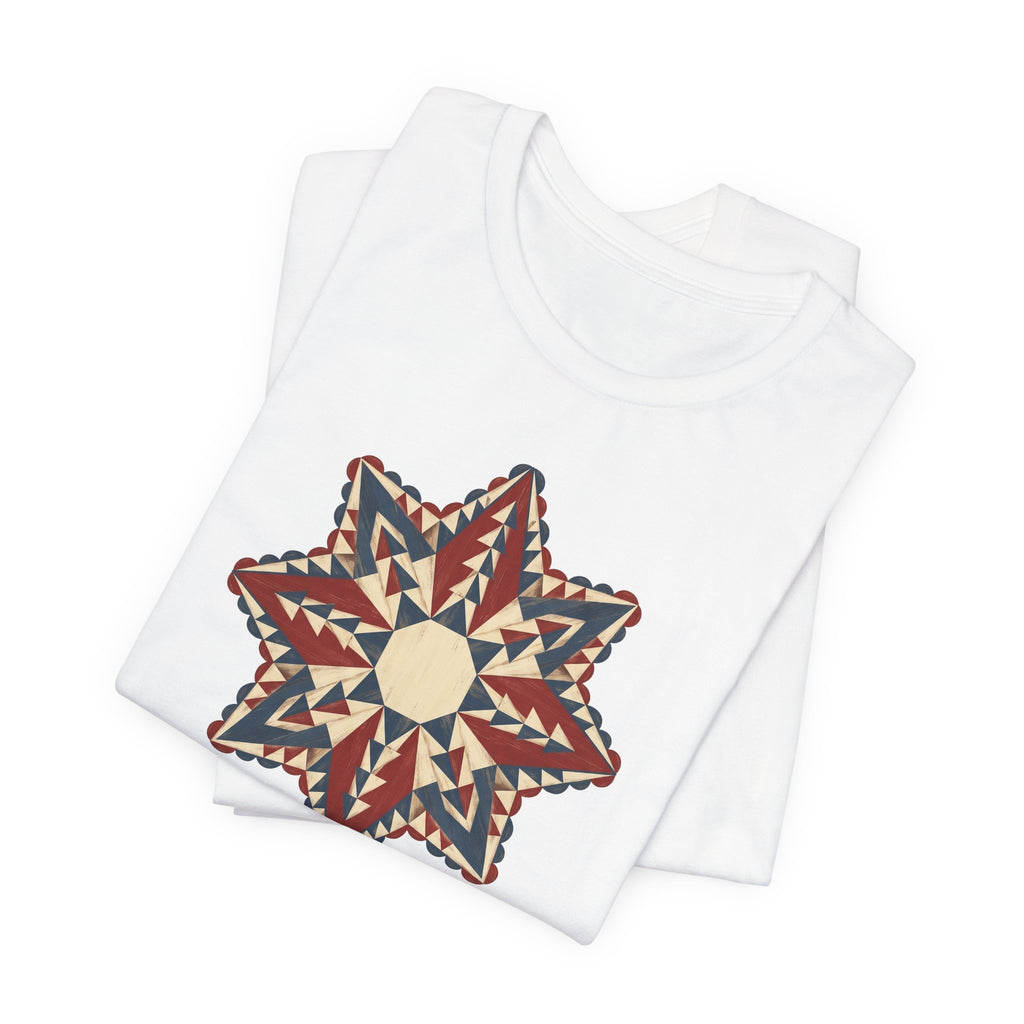 White crewneck graphic tee with colorful Southwestern star mandala print on chest