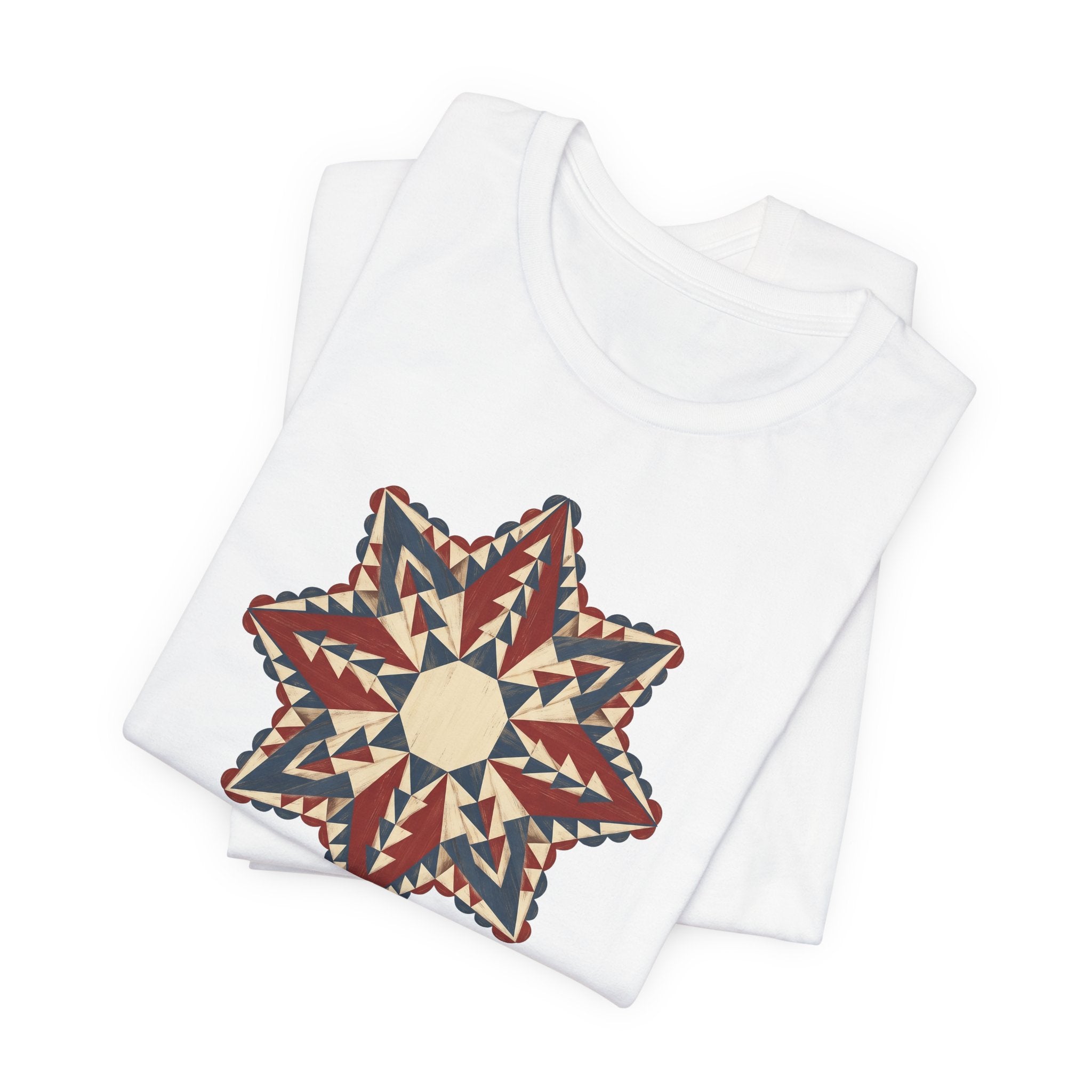 White crewneck graphic tee with colorful Southwestern star mandala print on chest