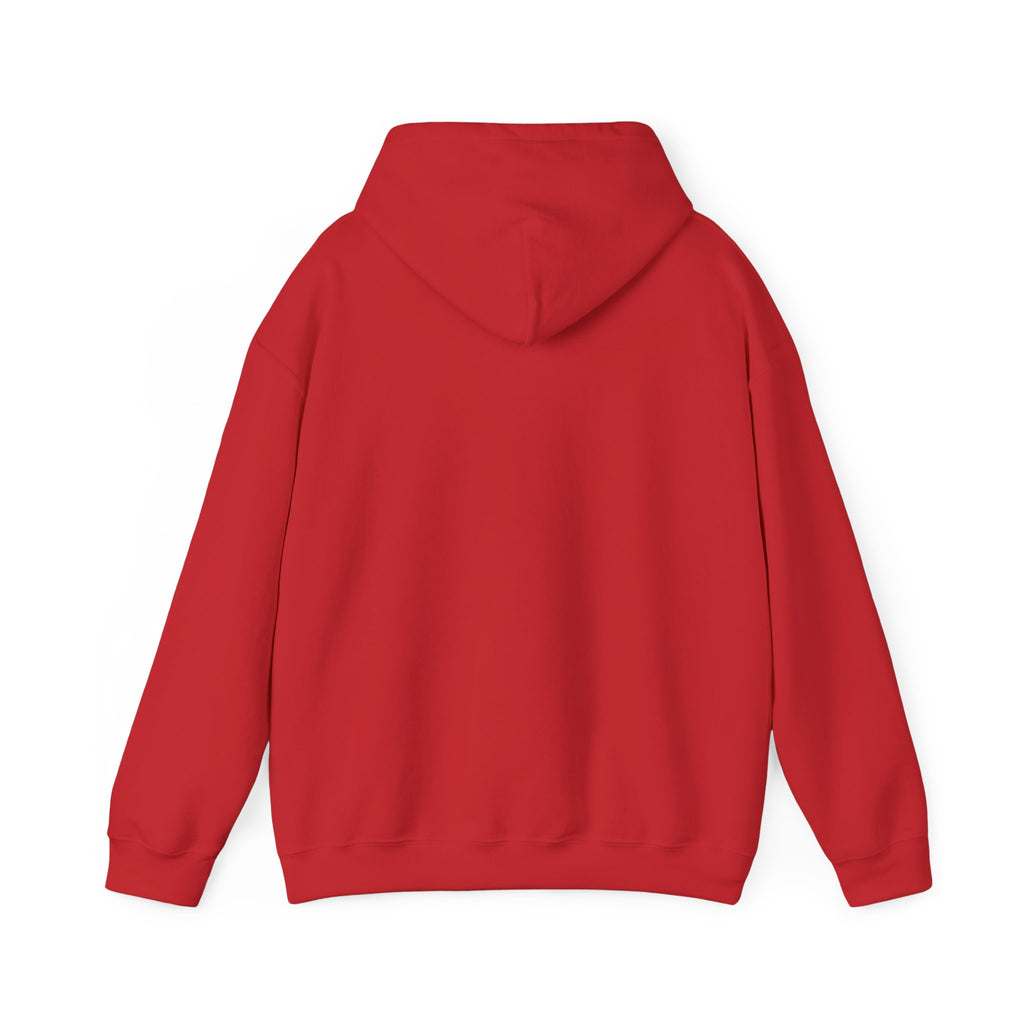 Red adult hoodie with front pocket and hood, plain back view