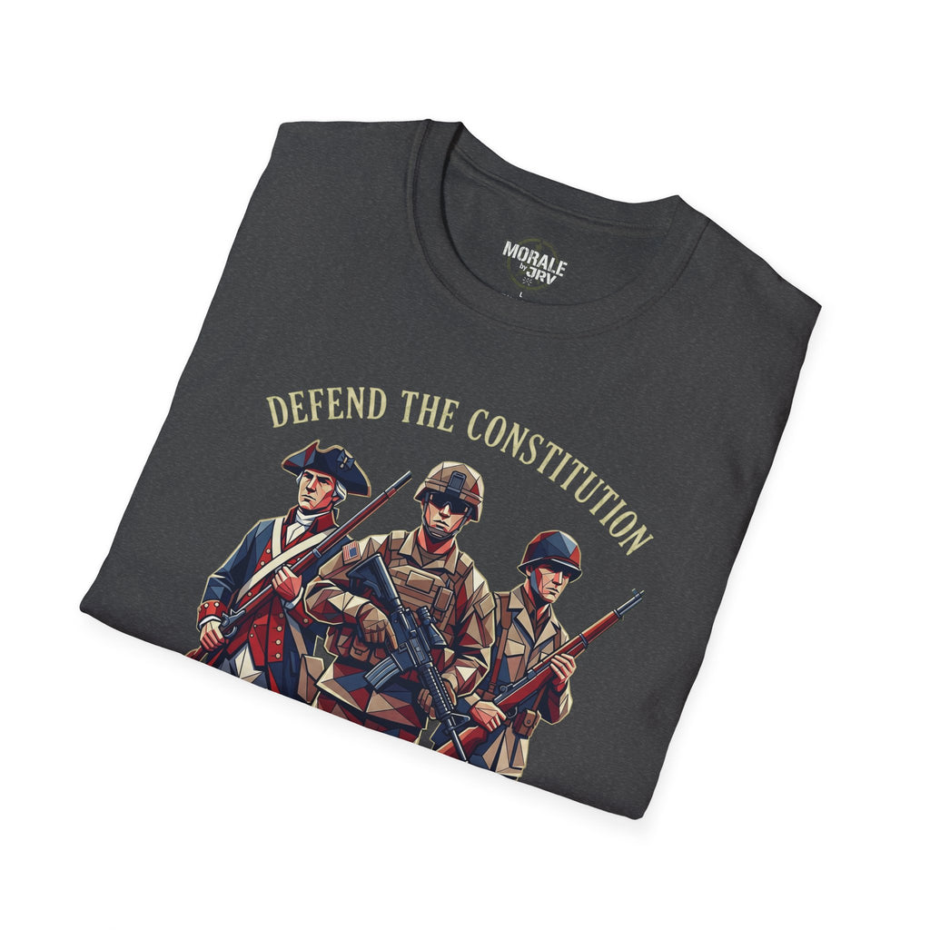 Militia T-shirt, dark heather; “DEFEND THE CONSTITUTION” text with soldier graphic