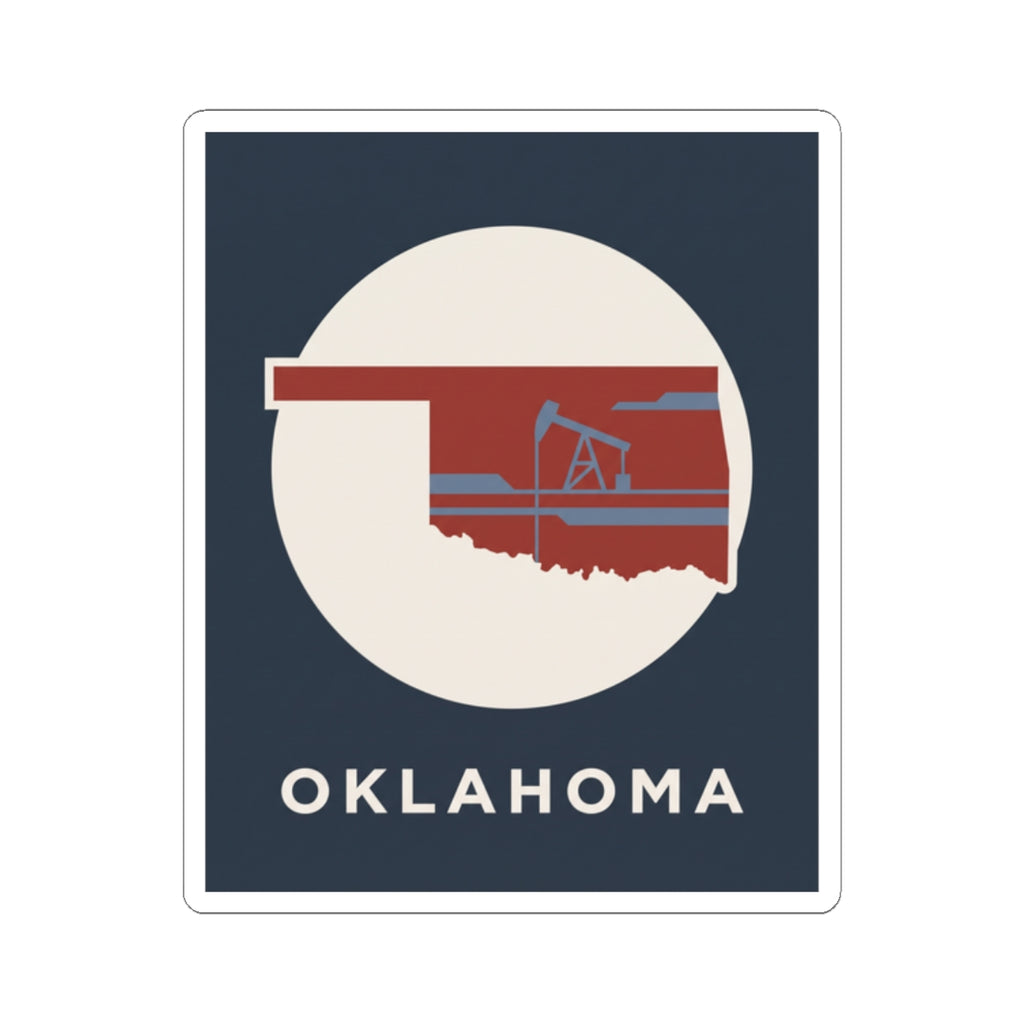 Kiss-cut vinyl Oklahoma sticker featuring oil rig silhouette and OKLAHOMA
