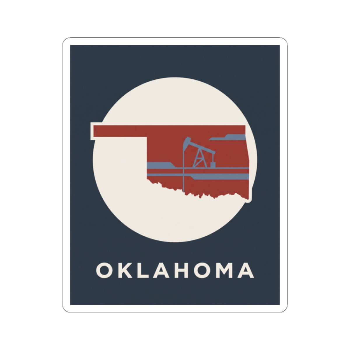 Kiss-cut vinyl Oklahoma sticker featuring oil rig silhouette and OKLAHOMA