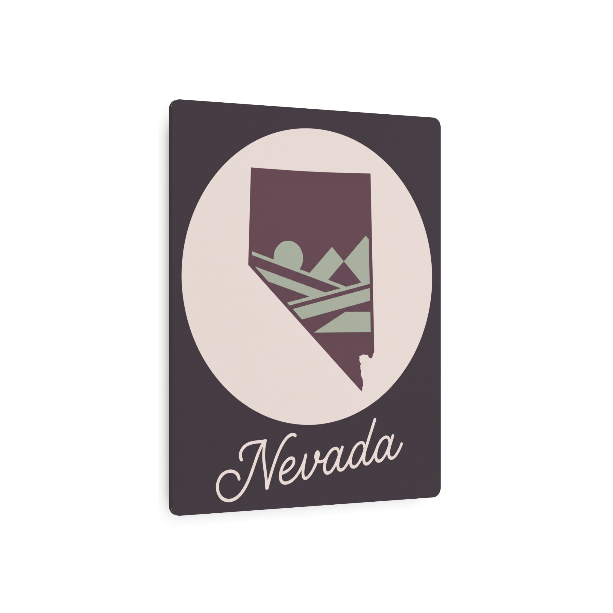 Nevada state metal wall art sign featuring mauve map silhouette and Nevada cursive