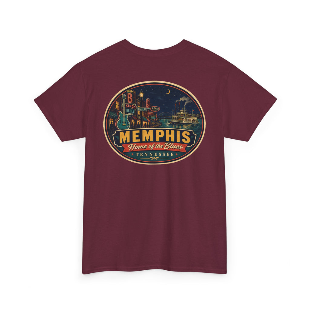Burgundy crewneck T-shirt with Memphis luggage-tag skyline graphic logo