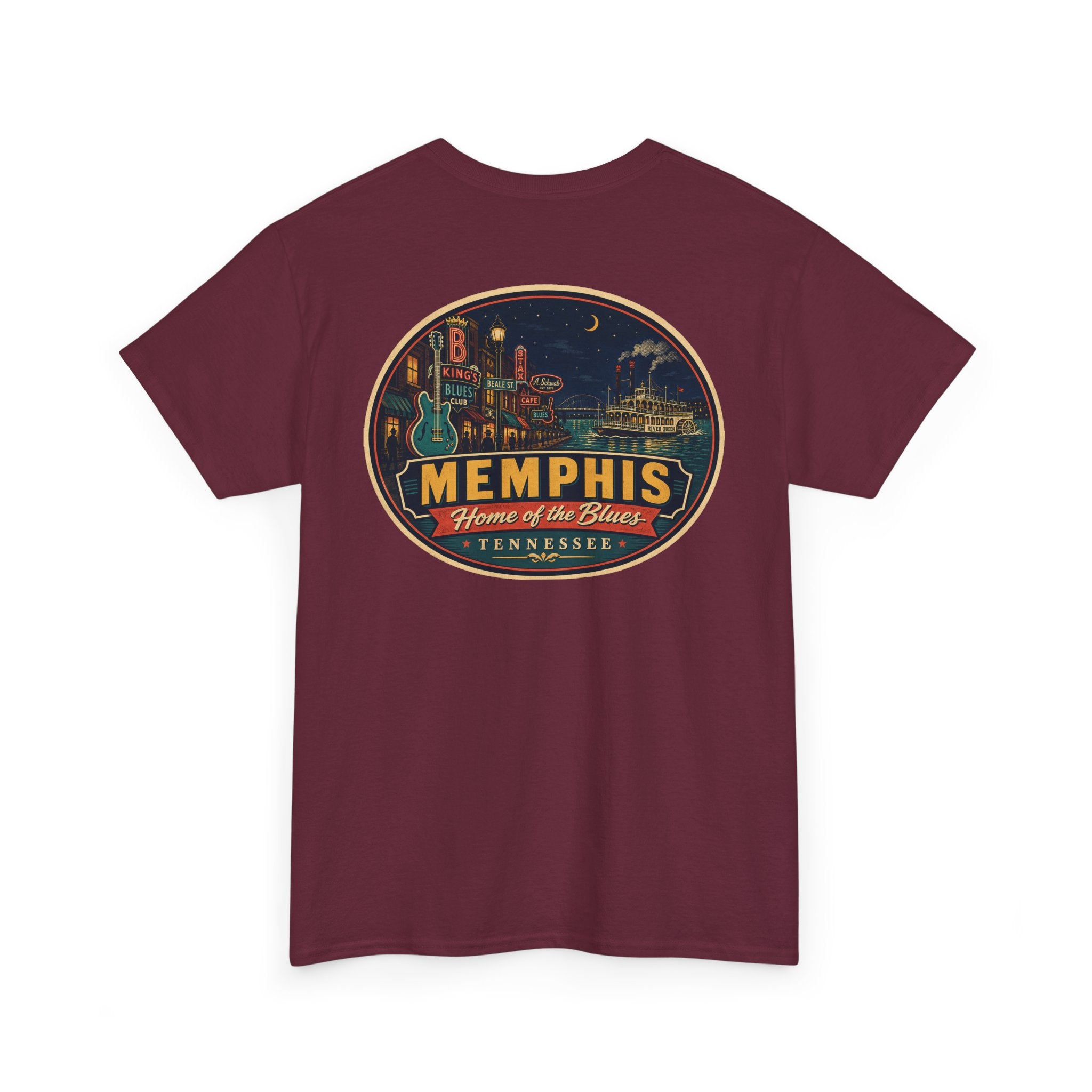 Burgundy crewneck T-shirt with Memphis luggage-tag skyline graphic logo