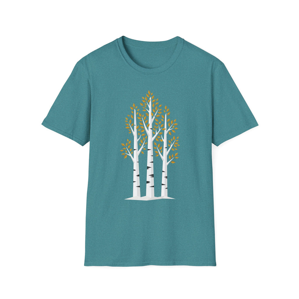 Teal unisex t-shirt front with birch tree forest graphic print