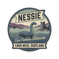Nessie Loch Ness sticker badge with dark circular frame, “One Famous Silhouette” and “Loch Ness, Scotland”