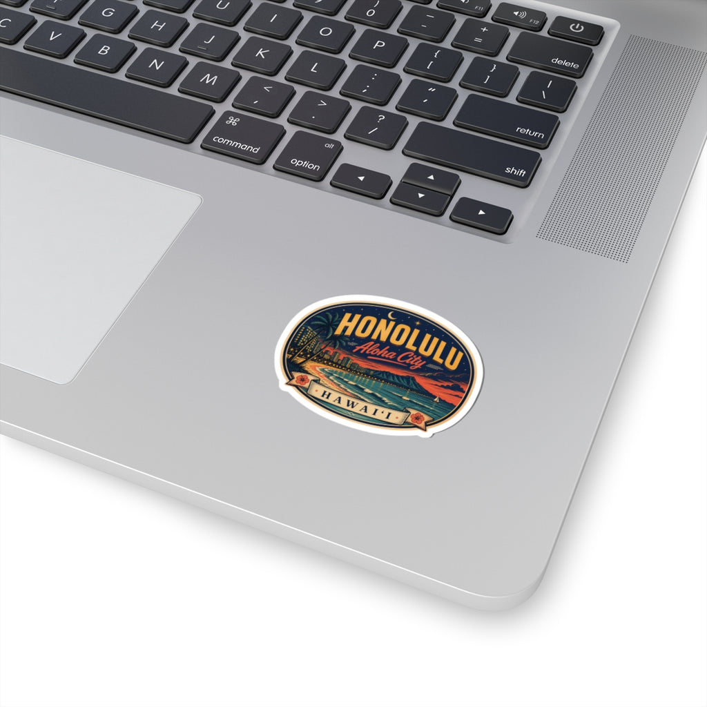 Honolulu luggage tag sticker decal, oval retro Hawaii design on a white surface