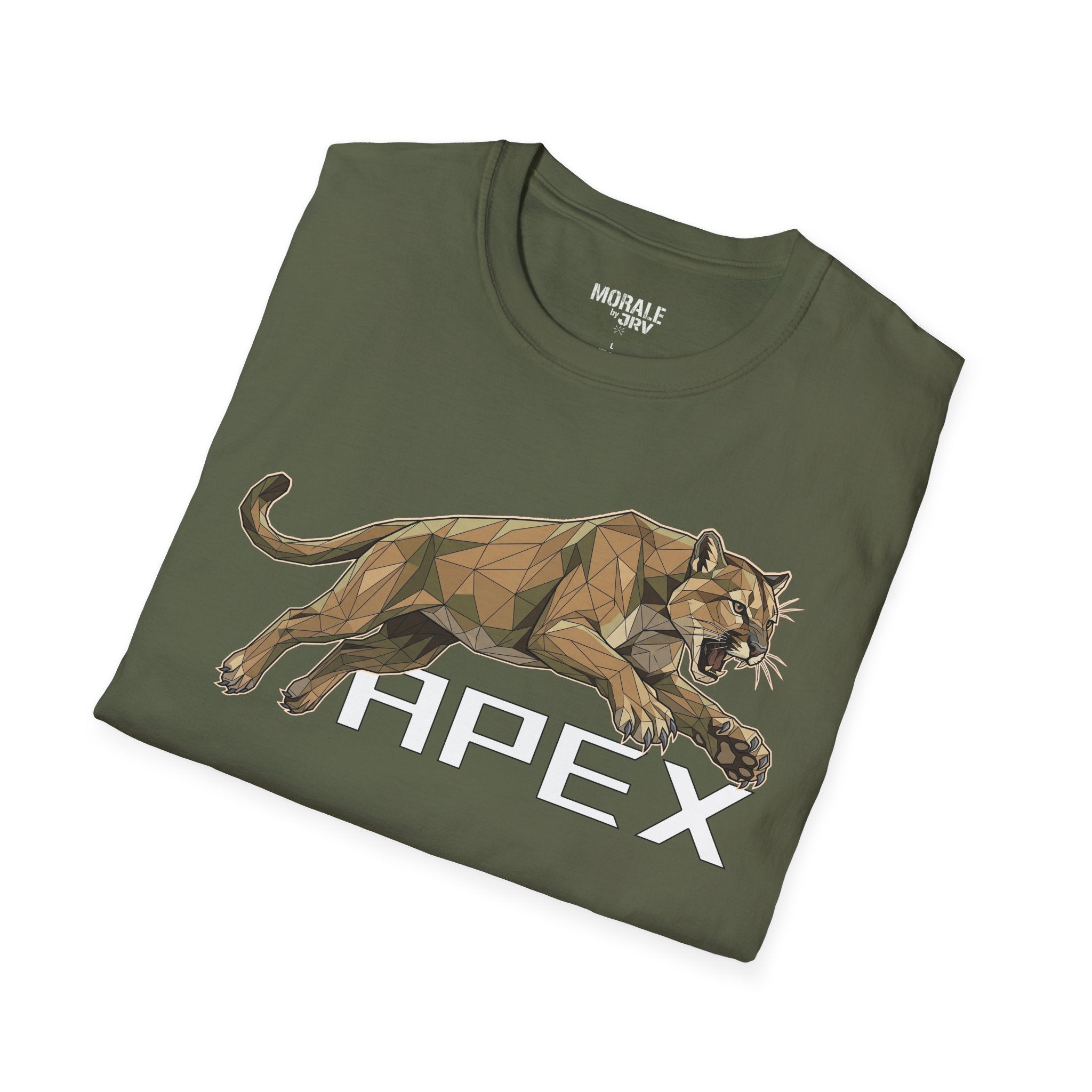 Leaping Cougar graphic tee, military green, geometric big cat with “HPEX”