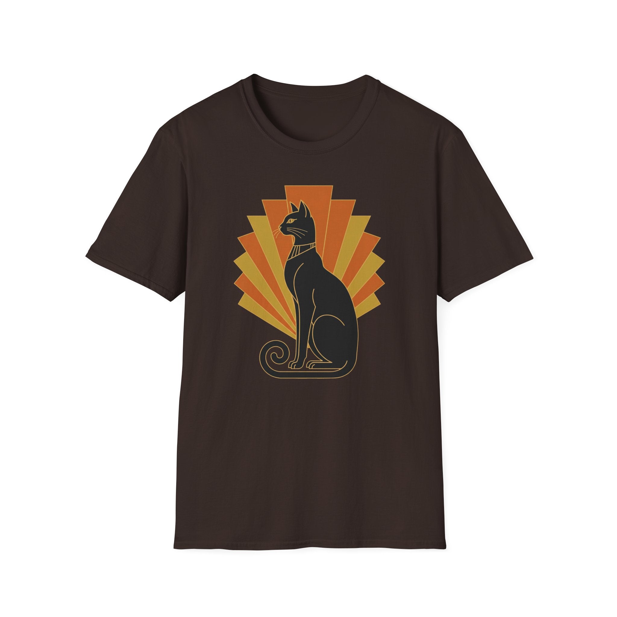 Dark brown cat T-shirt front with Egyptian-style black cat graphic and orange sunburst