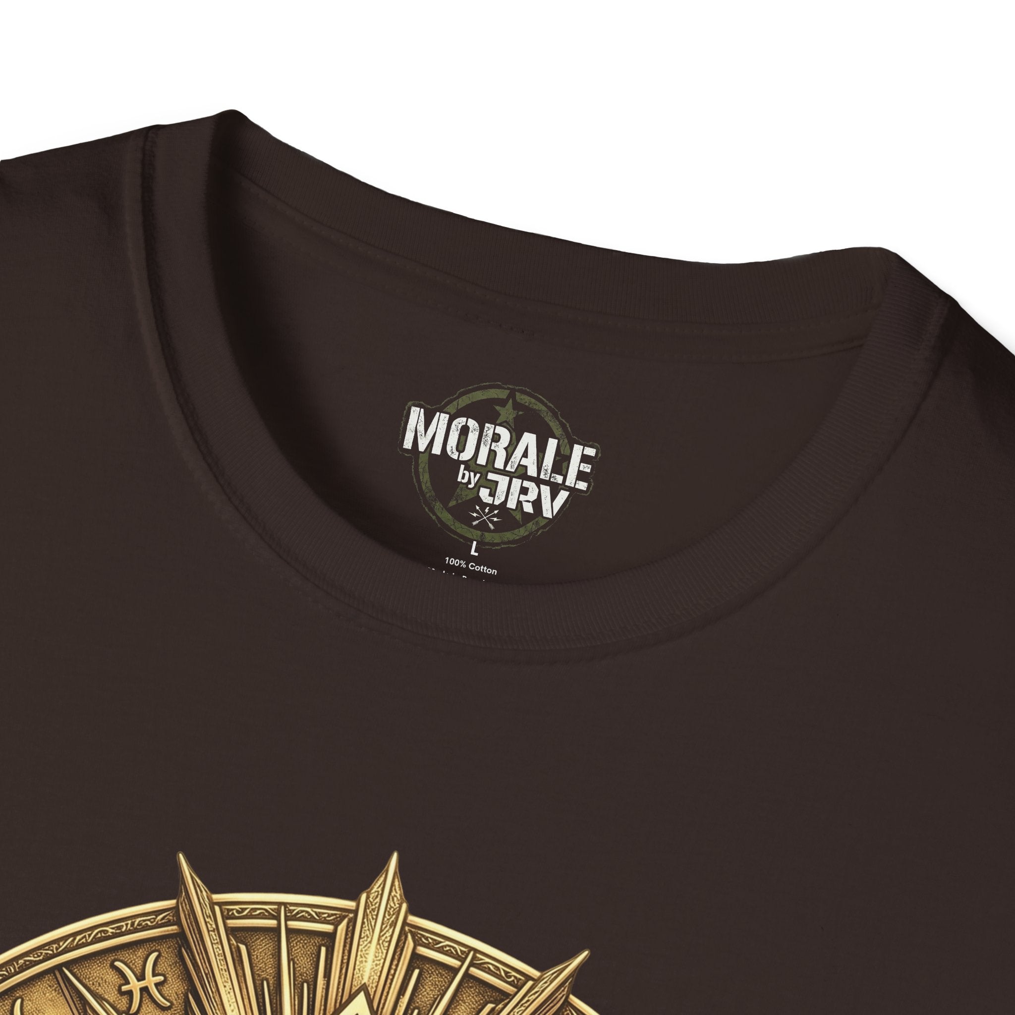 Dark brown T-shirt collar with brand label and partial gold eye mandala