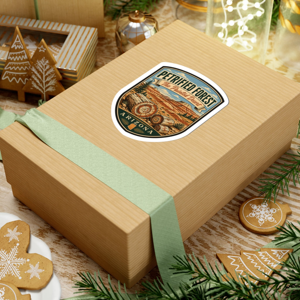Petrified Forest travel sticker on wrapped gift, shield badge with desert logs and Arizona