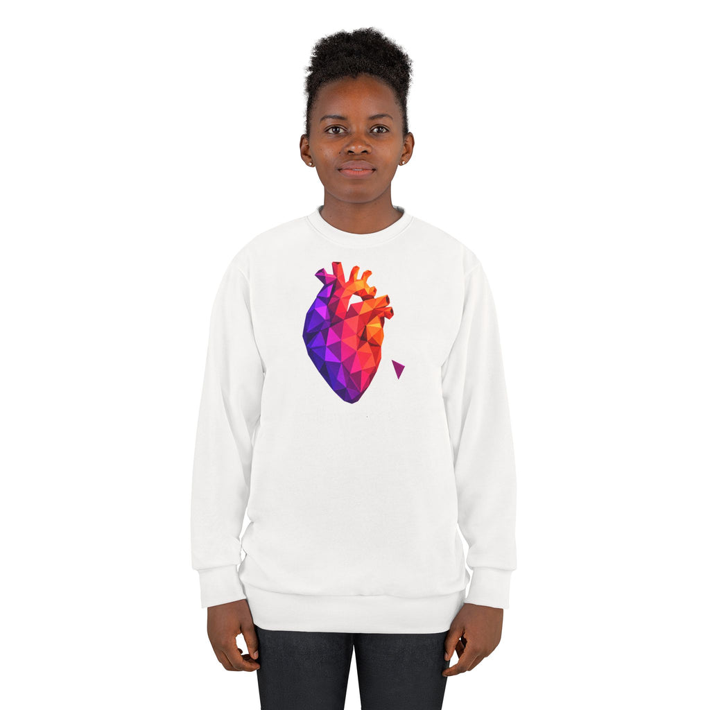 White crewneck sweatshirt with geometric heart front print in orange, purple, and pink