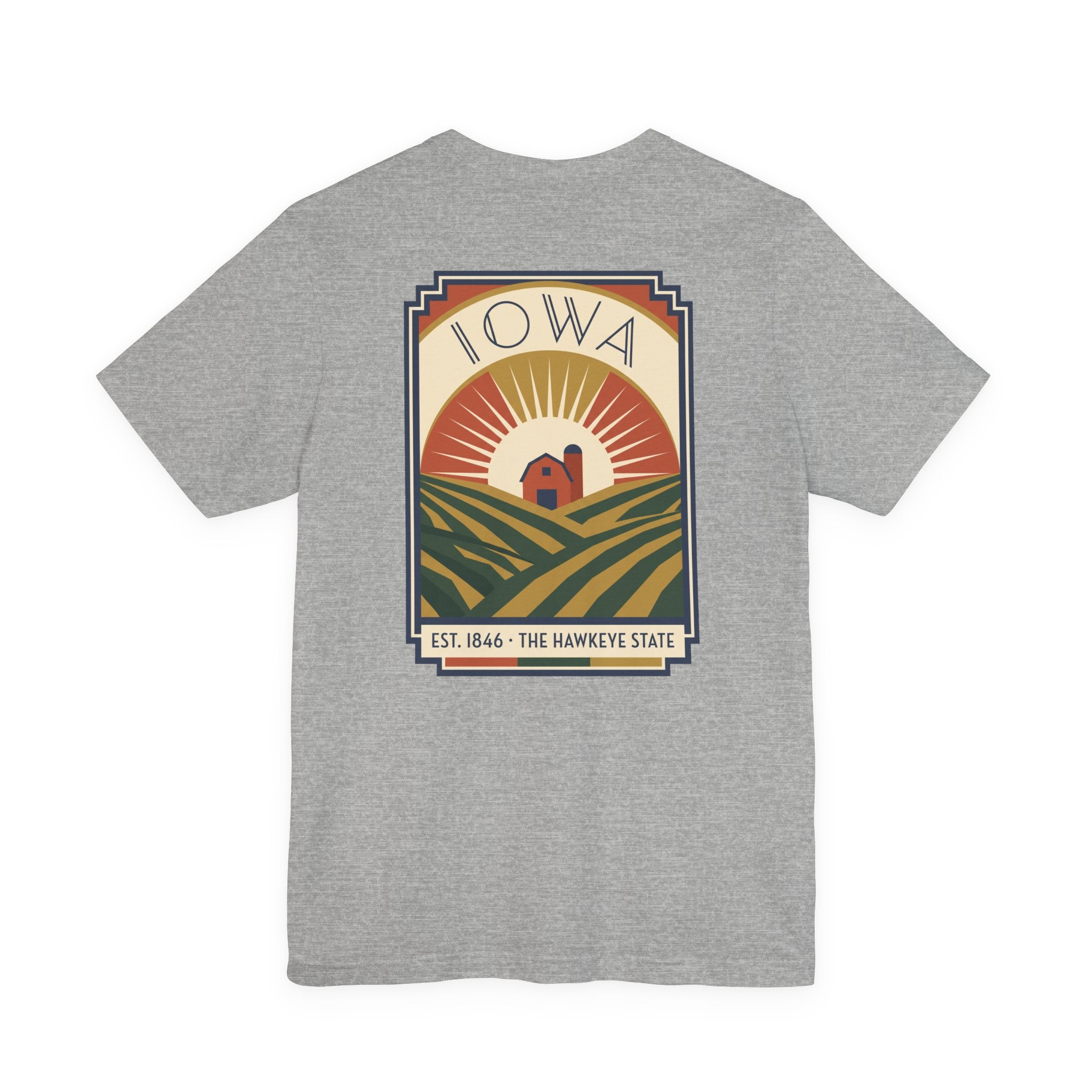 Heather grey t-shirt with centered IOWA art deco farm scene graphic