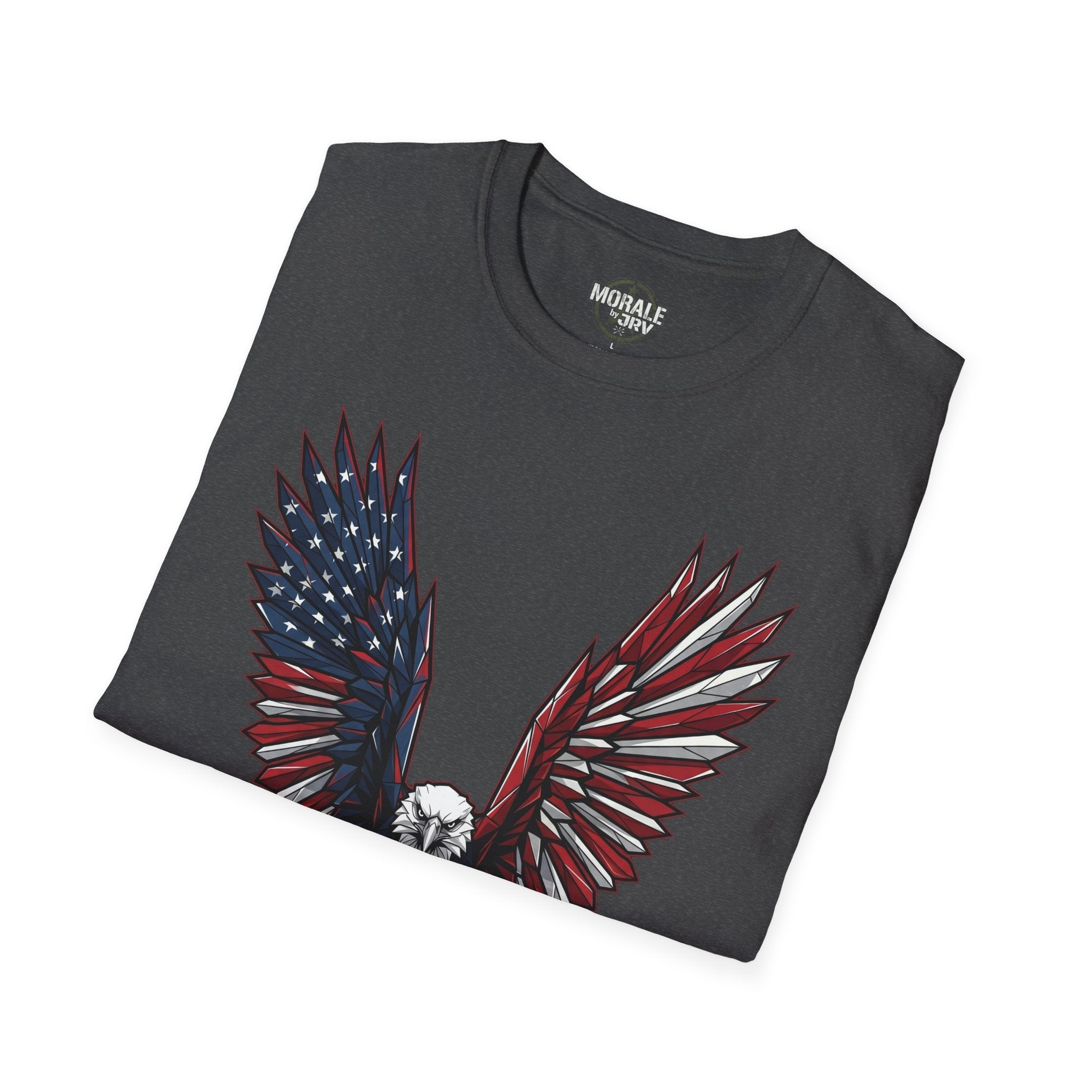 Black T-shirt with American flag eagle and red/blue wing illustration