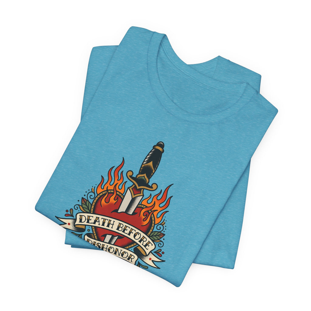 Teal crew-neck T-shirt with dagger and flames graphic.