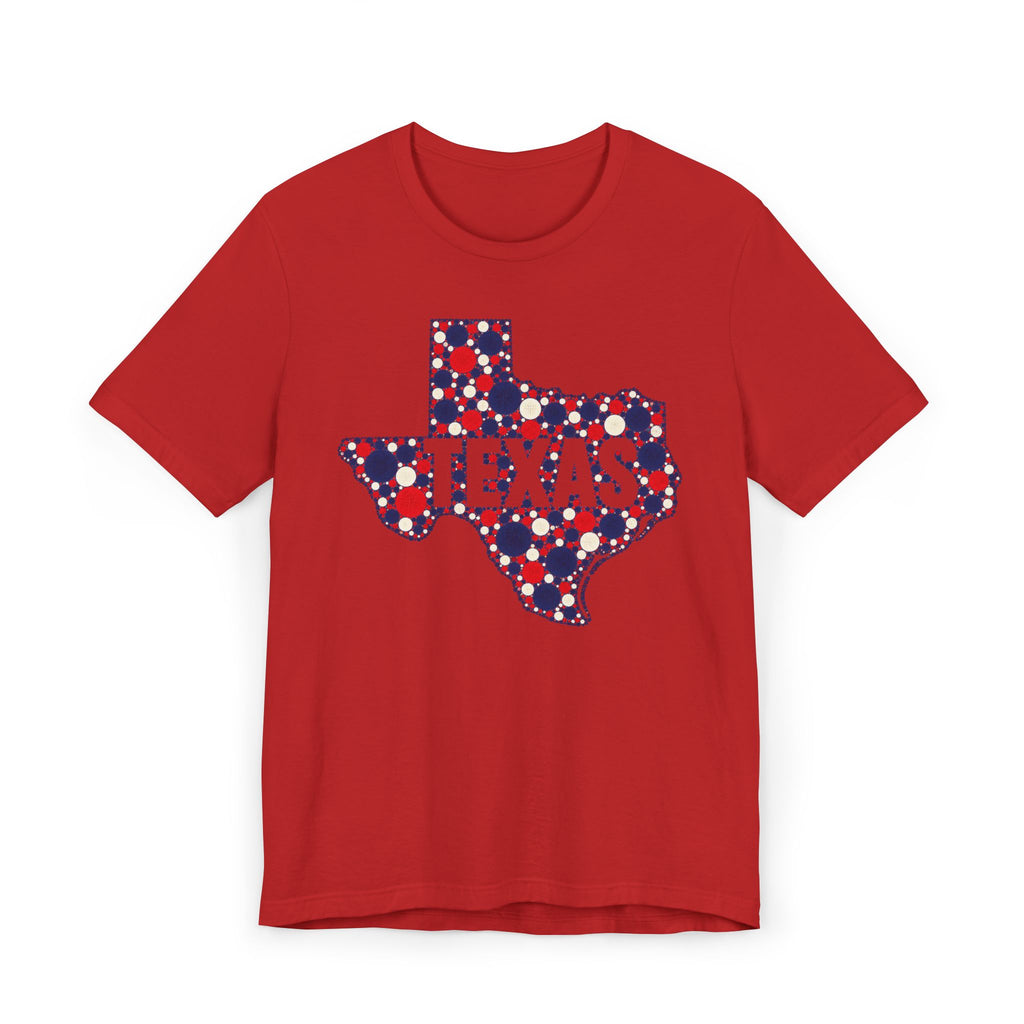 Red Texas map graphic T-shirt with polka dot outline and “TEXAS” text