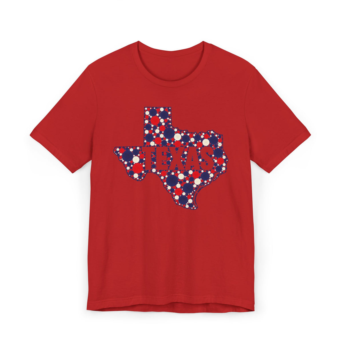 Red Texas map graphic T-shirt with polka dot outline and “TEXAS” text