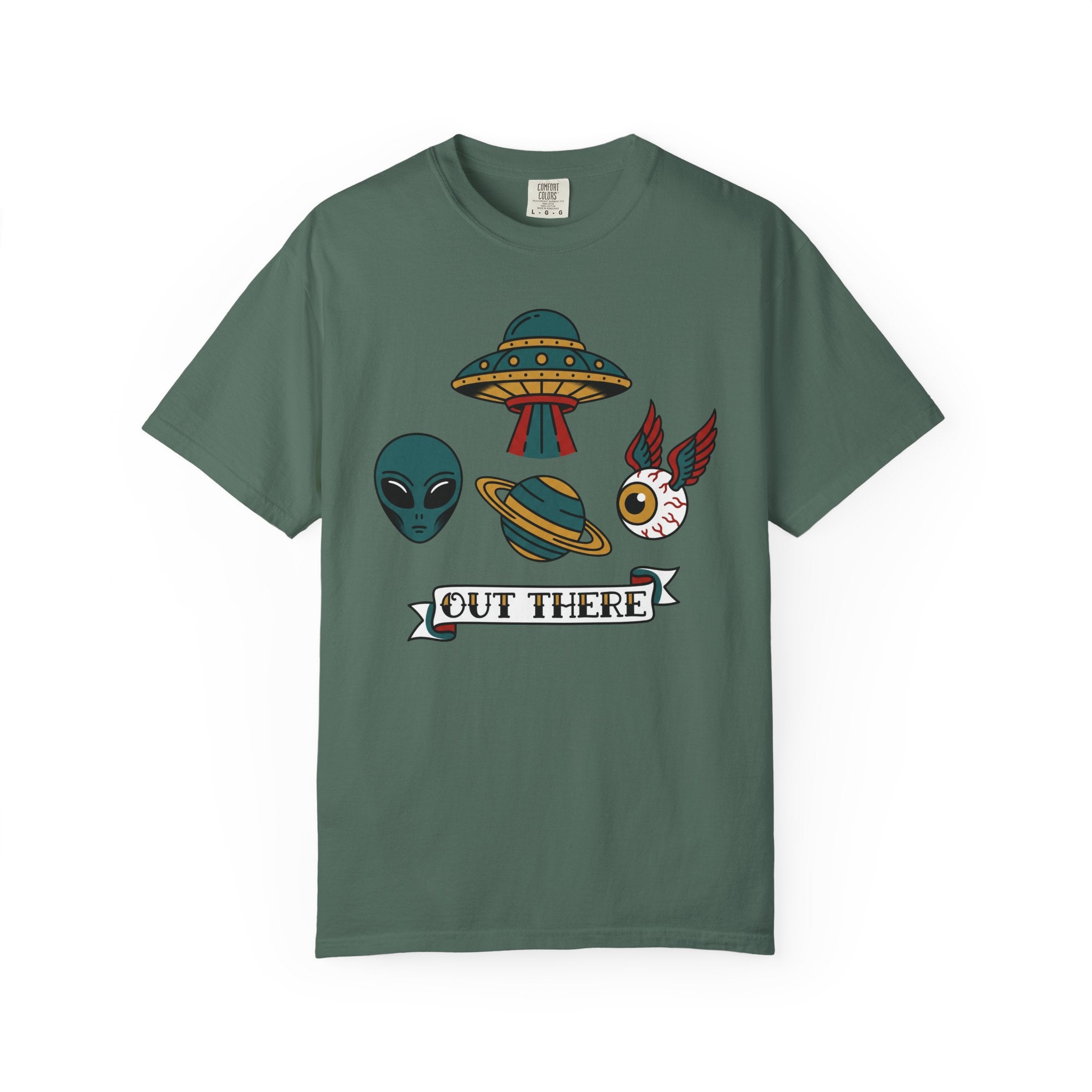 Deep green graphic T-shirt with alien, UFO, and "OUT THERE" patch-style print
