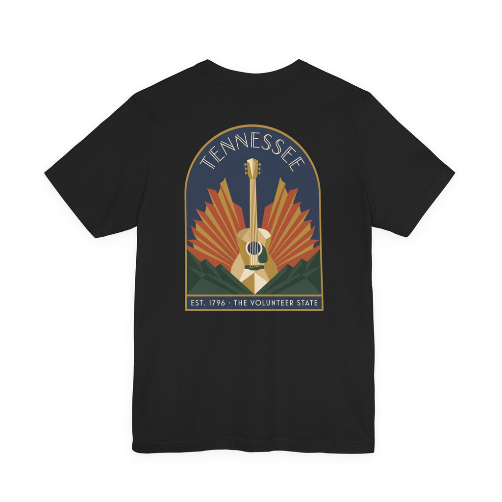 Black crew-neck T-shirt with Tennessee guitar art graphic on chest