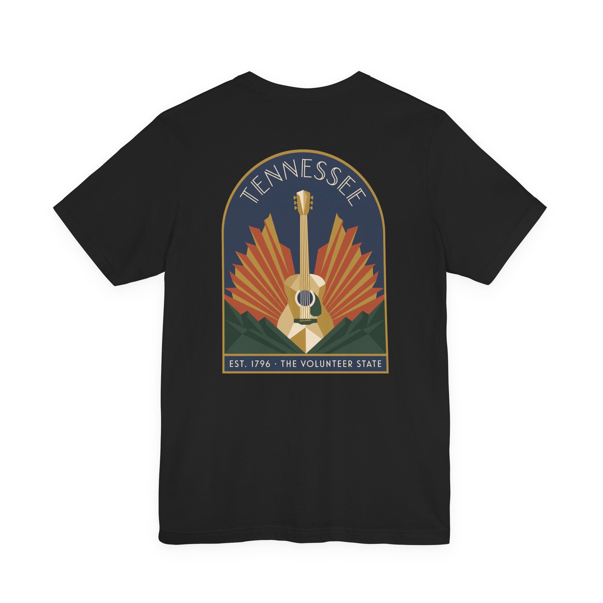 Black crew-neck T-shirt with Tennessee guitar art graphic on chest