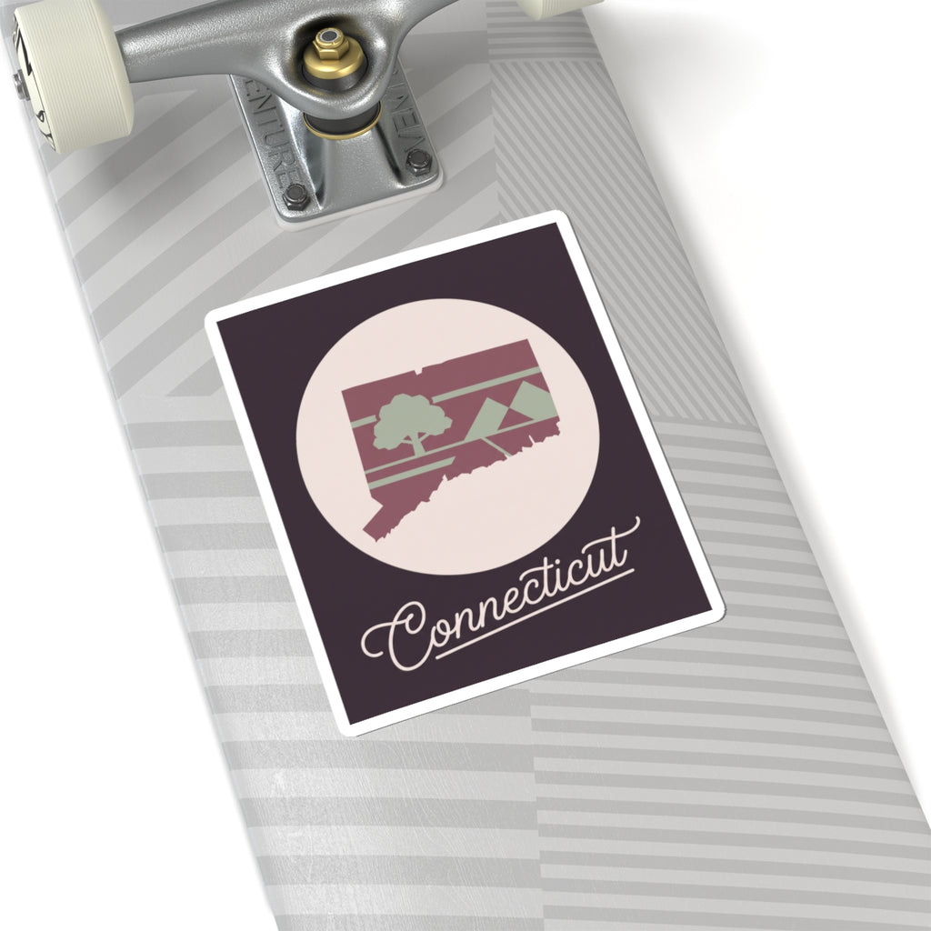 Maroon Connecticut silhouette sticker with circular badge and cursive 'Connecticut' lettering