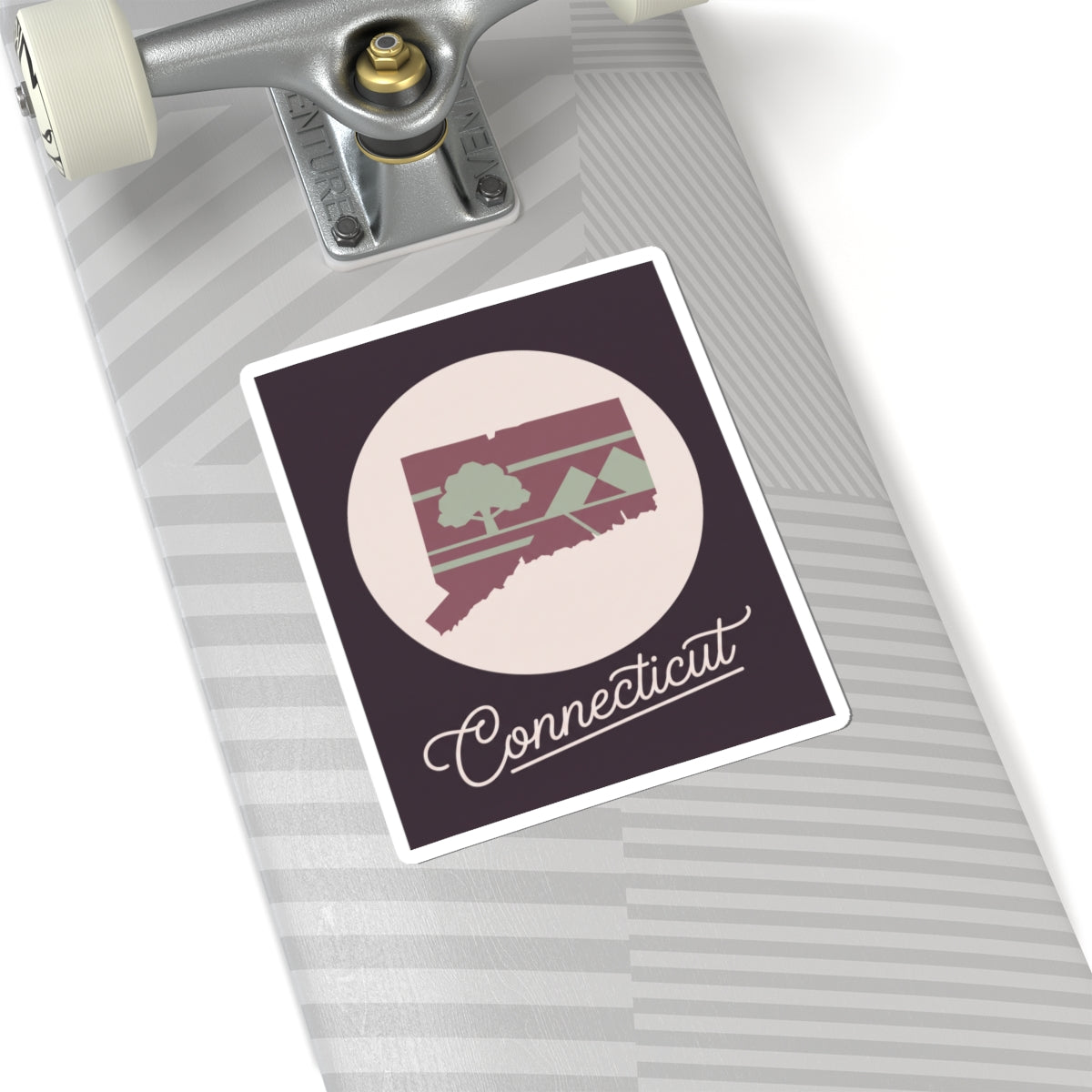 Maroon Connecticut silhouette sticker with circular badge and cursive 'Connecticut' lettering
