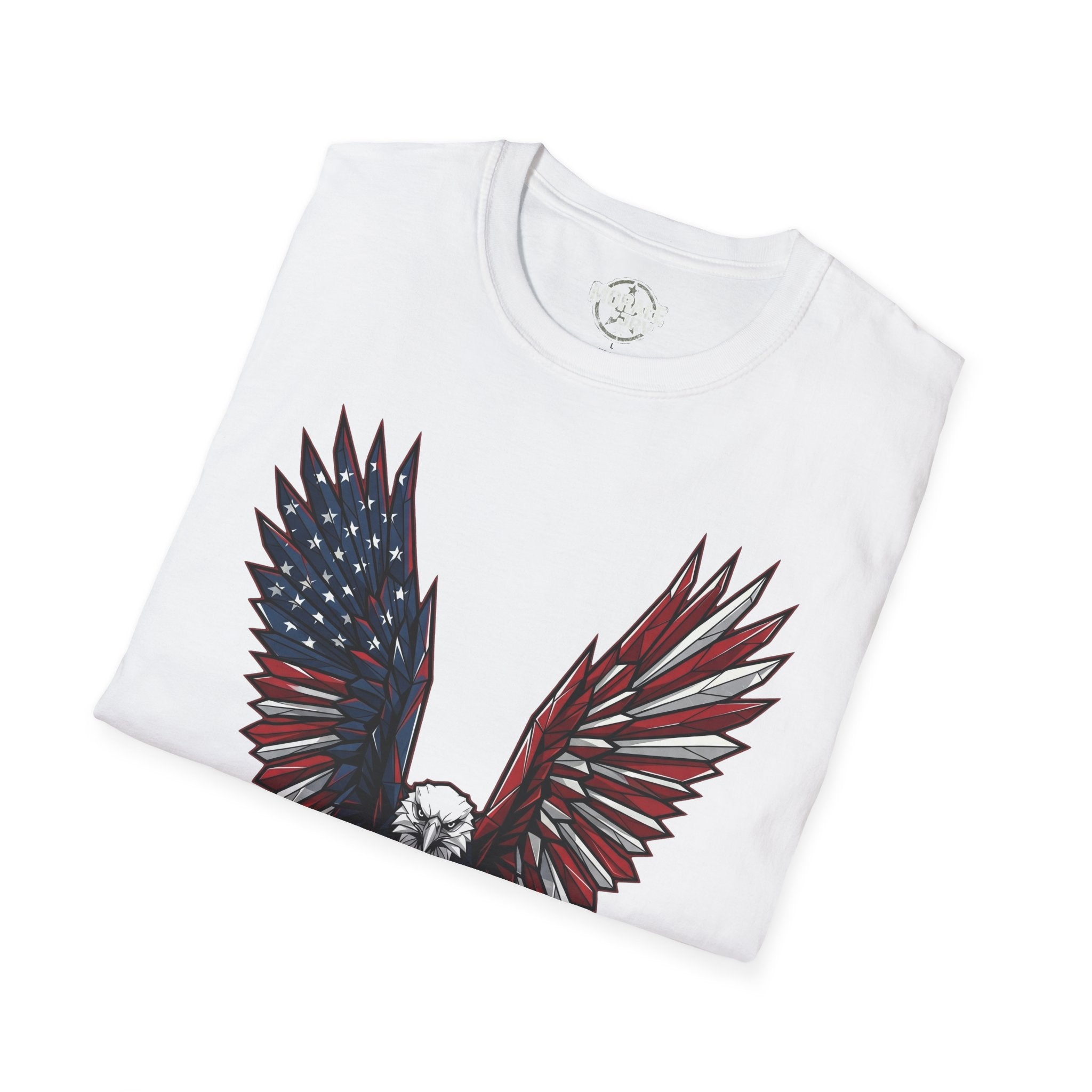 Folded white T-shirt showing patriotic eagle wings graphic