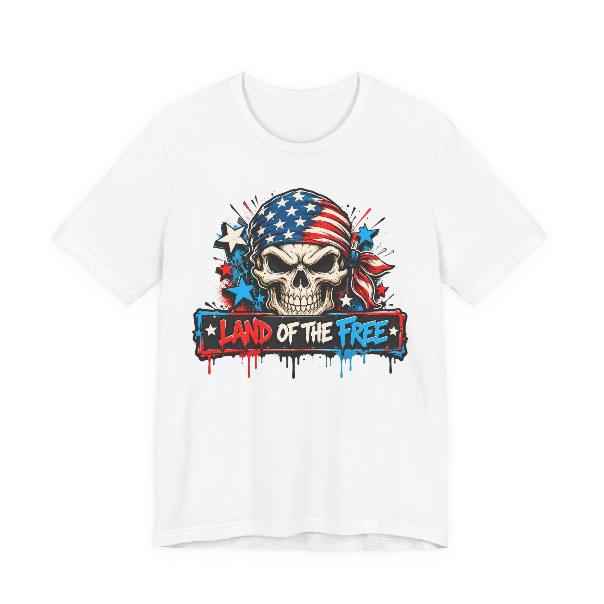 White skull patriotic T-shirt with American flag graphic on center chest