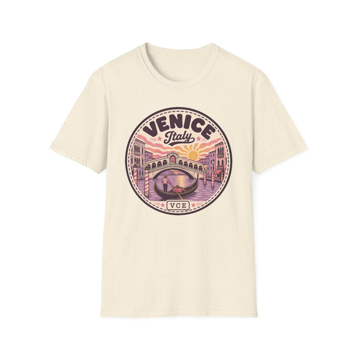 Natural cream graphic T-shirt with circular Venice Italy sunset bridge logo print