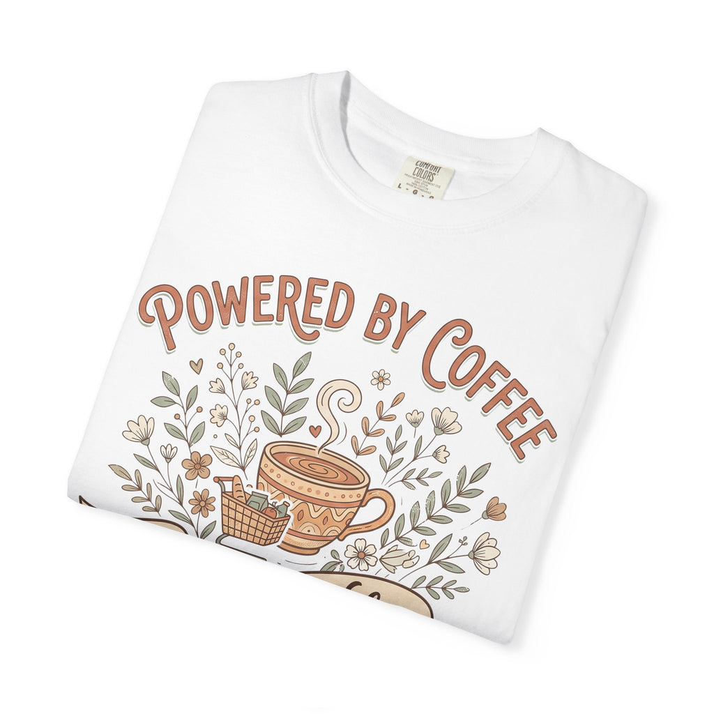 White crewneck T-shirt with “Powered by Coffee” floral coffee-life graphic on front
