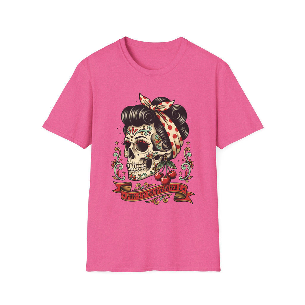 Sugar Skull Pinup T-Shirt in hot pink with colorful pinup sugar skull graphic