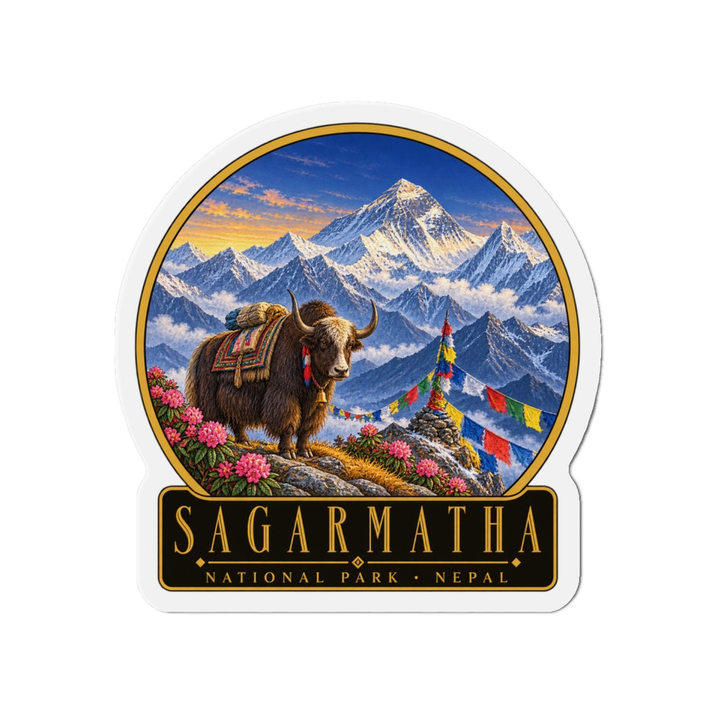 Die-cut vinyl fridge magnet with Sagarmatha logo, yak beside colorful flowers and mountains