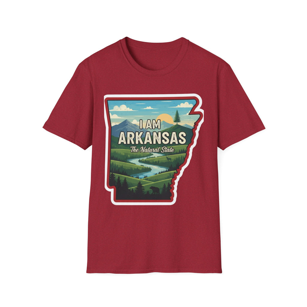 I AM Arkansas T-shirt in dark red heather with state outline landscape print