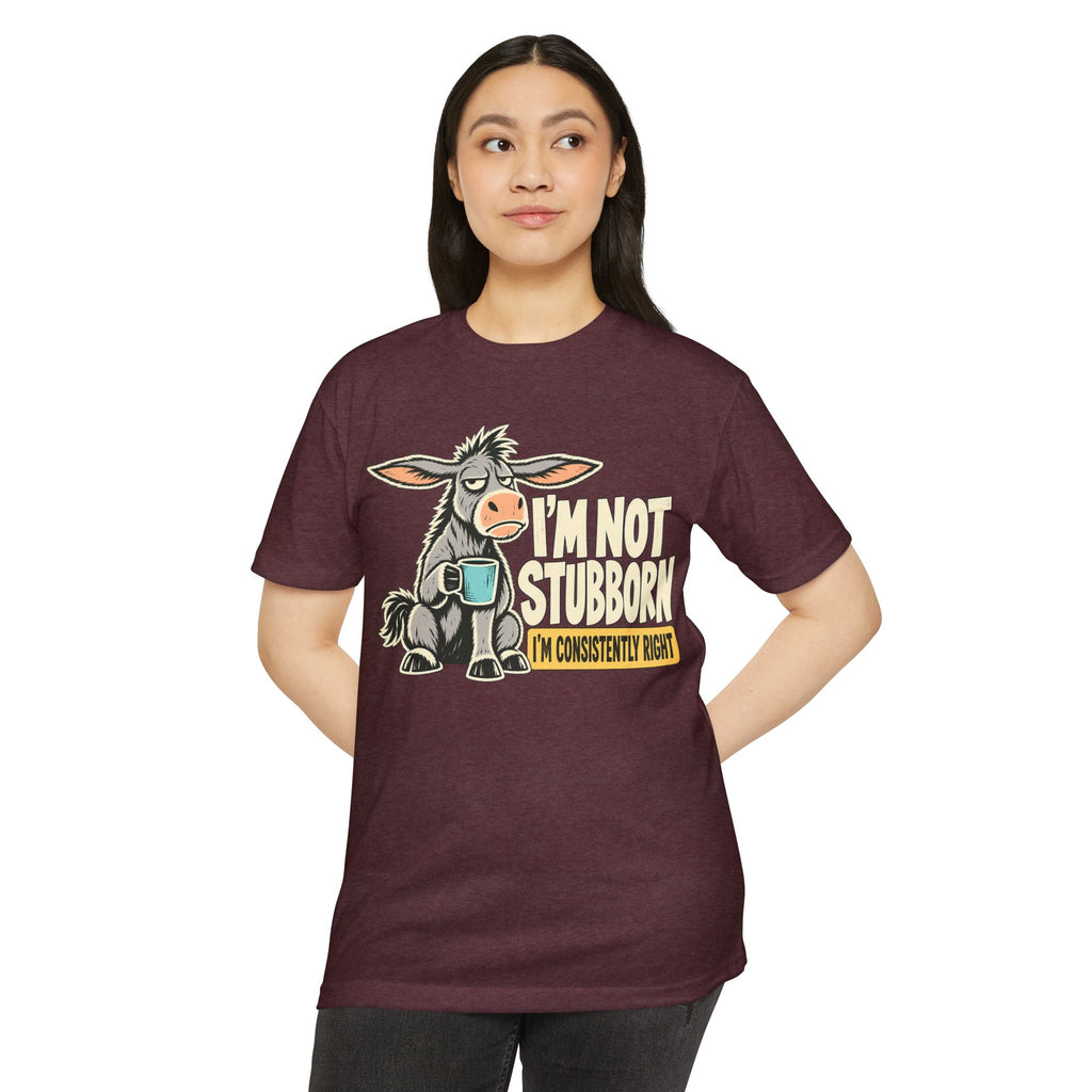 Burgundy coffee-themed donkey graphic T-shirt with sarcastic quote