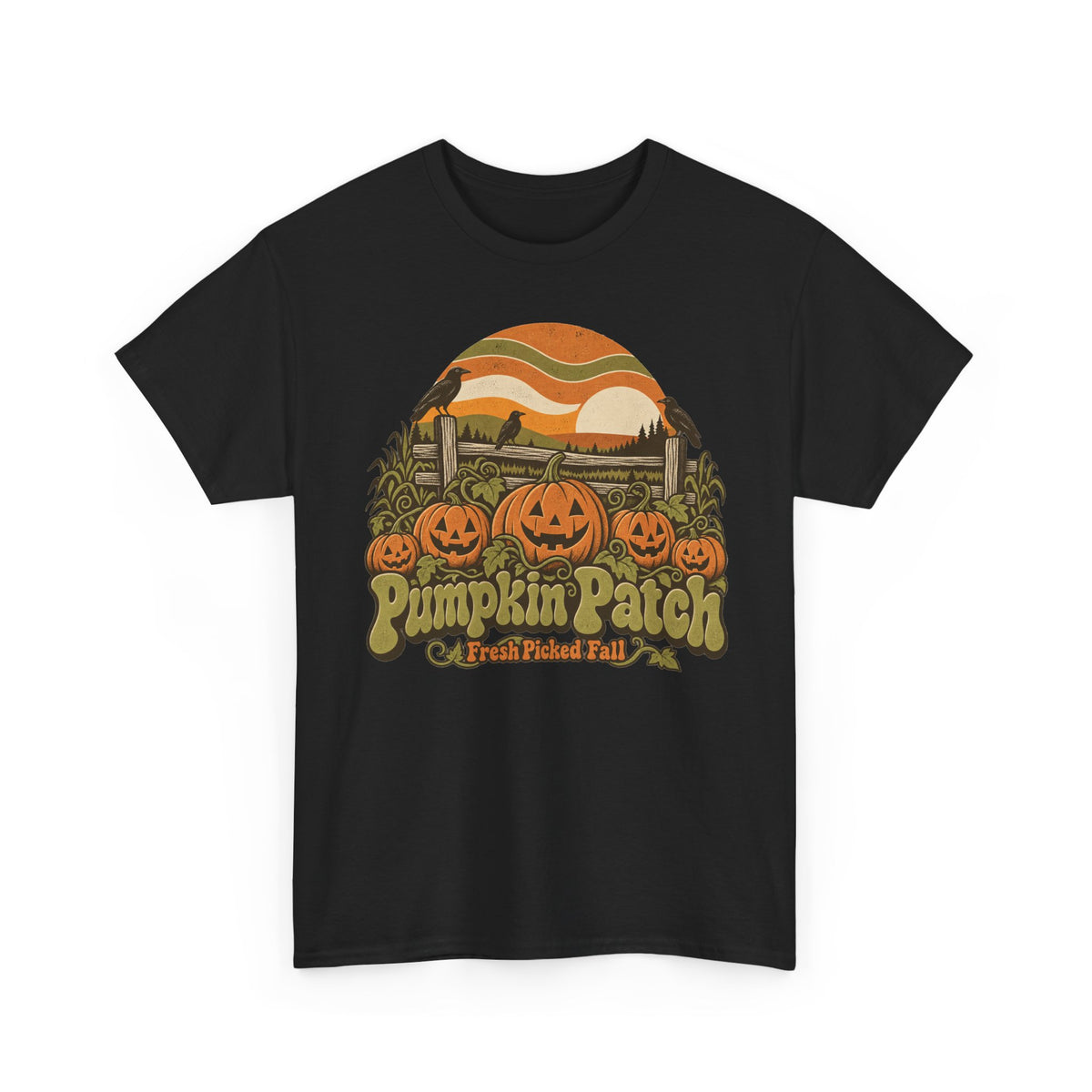 Pumpkin Patch T-Shirt, Retro Jack O Lantern Sunset Fall Halloween Shirt for Women and Men, Vintage Autumn Farm Graphic Tee