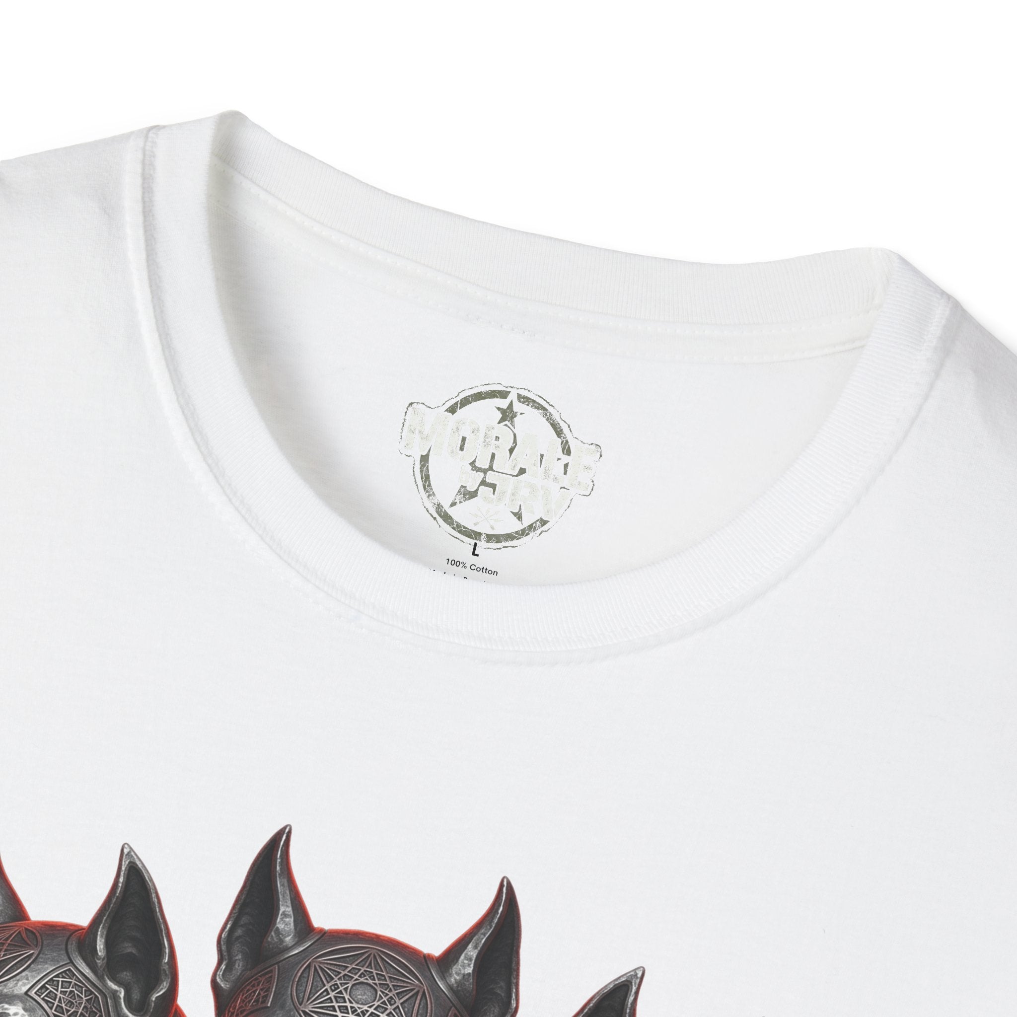White T-shirt collar with 100% cotton label and partial Cerberus graphic