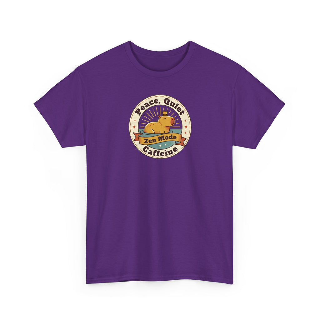 Purple t-shirt with crew neck and short sleeves, circular coffee duck graphic front.