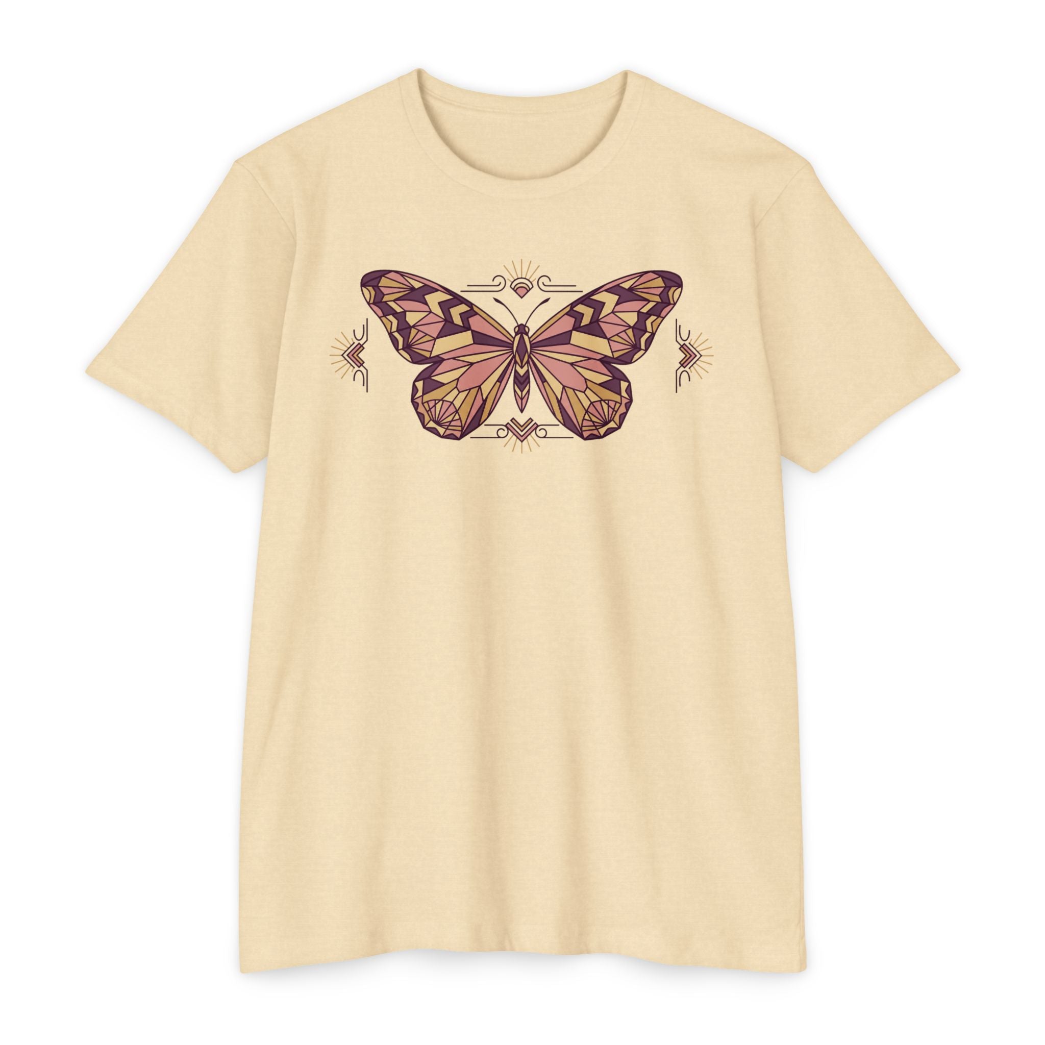Cream butterfly graphic T-shirt with vintage floral wing illustration, crew neck