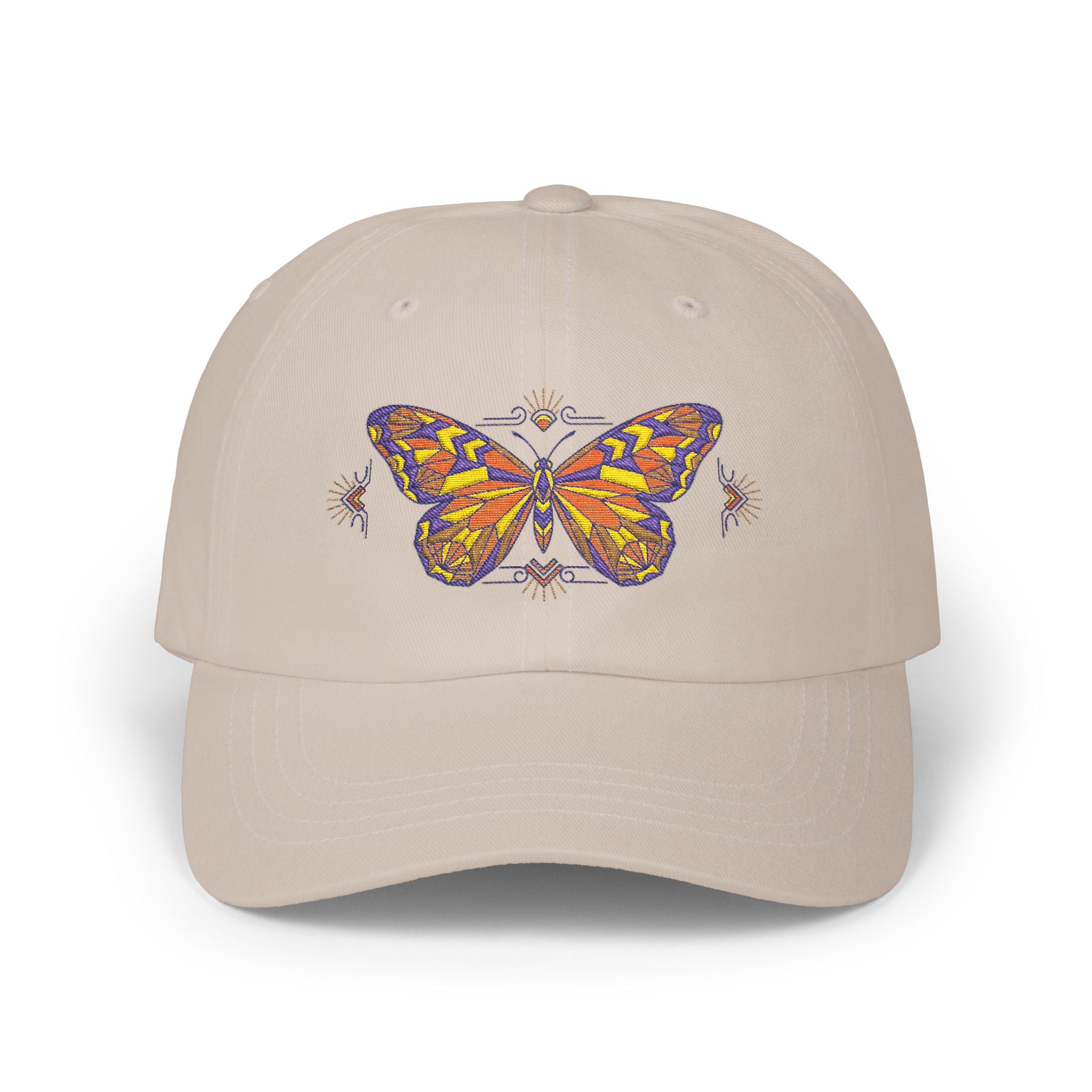 Khaki dad cap with colorful butterfly-moth embroidery on the front panel