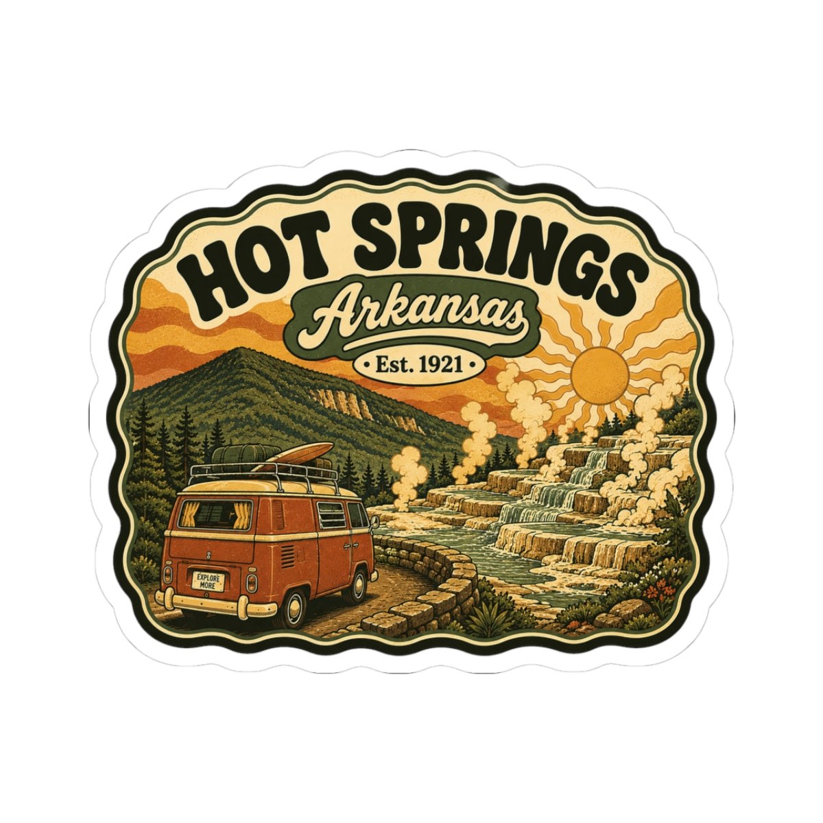 Die-cut Hot Springs Arkansas sticker featuring a vintage camper van and hot spring landscape