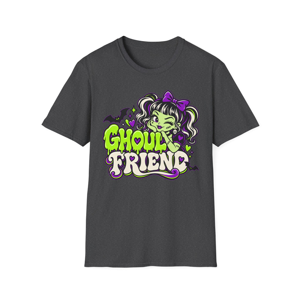 Dark gray Halloween graphic t-shirt with cute monster girl “Ghoul Friend” logo